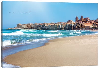 Seaside Beach Town Of Cefalu In Sicily Italy Canvas Art Print - Sicily
