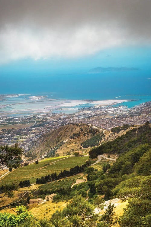 Sicily Italy Rolling Hillside Overlooking City And Sea
