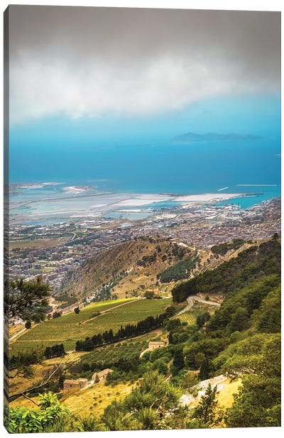 Sicily Italy Rolling Hillside Overlooking City And Sea Canvas Art Print