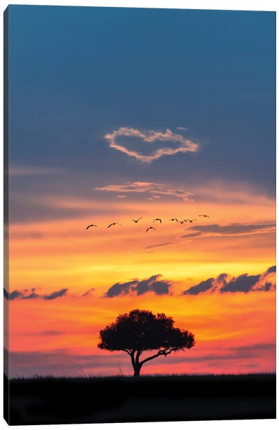 African Sunset With Heart In Clouds Canvas Art Print - Susan Richey