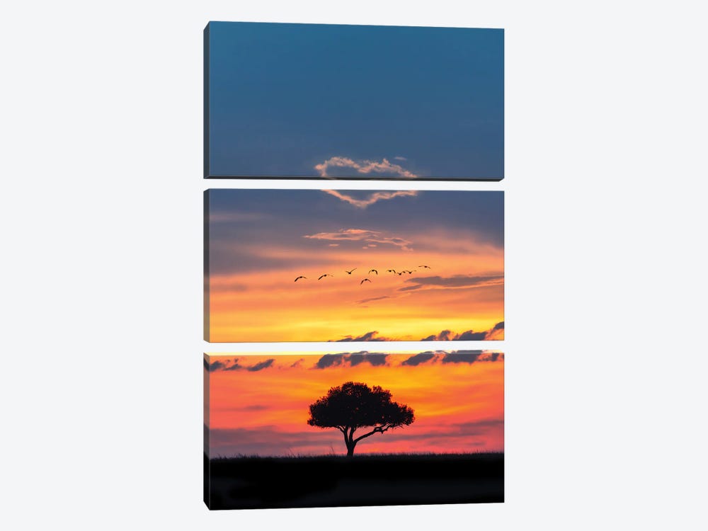 African Sunset With Heart In Clouds by Susan Richey 3-piece Canvas Print