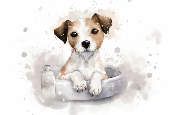 Susan Richey: Jack Russell Terrier Puppy Dog In Bathtub by Susan Richey