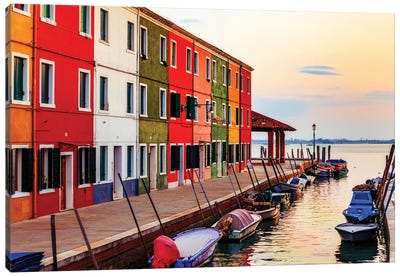 Boats And Colorful Homes In Burano Italy Canvas Art Print - Burano