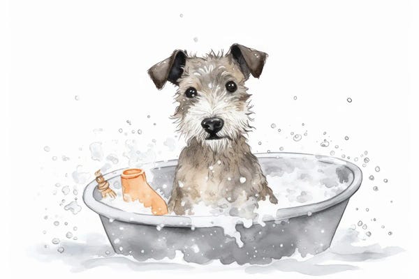 Susan Richey: Terrier Puppy Dog In Bathtub by Susan Richey
