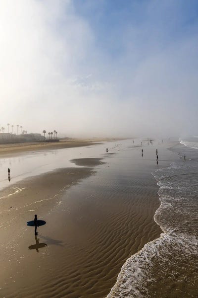 California Beach With Surfers And Tourists In Morning