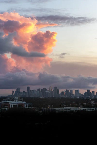 Downtown Miami Skyline With Colorful Sunset Clouds