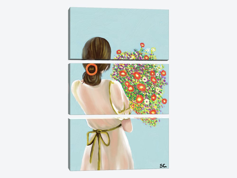 Woman With Flower by Silan Chen 3-piece Canvas Print