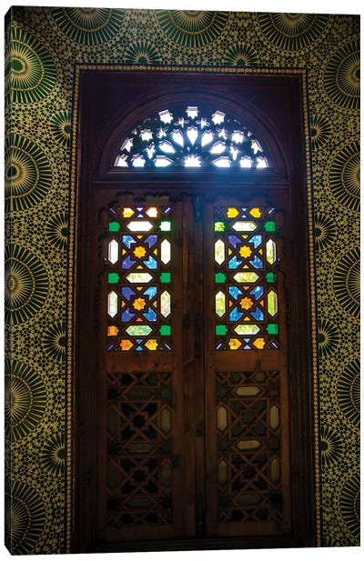 Marrakech, Morocco. Moroccan stained glass in wooden door Canvas Art Print - African Culture