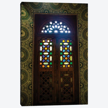 Marrakech, Morocco. Moroccan stained glass in wooden door Canvas Print #SND11} by Jolly Sienda Art Print