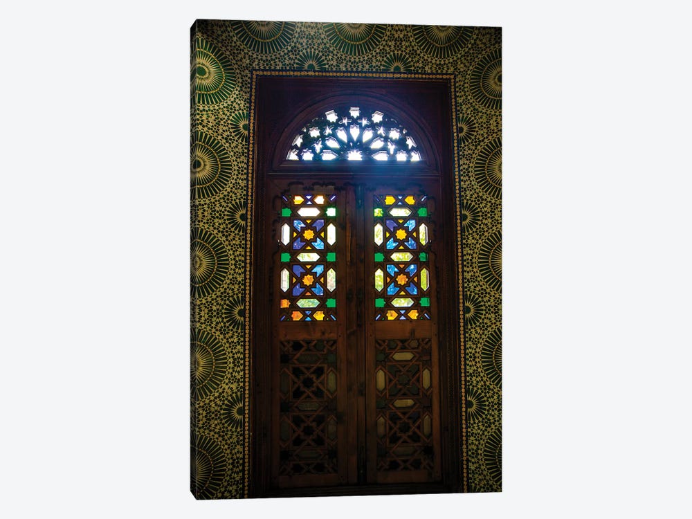 Marrakech, Morocco. Moroccan stained glass in wooden door by Jolly Sienda 1-piece Canvas Artwork