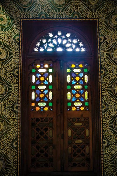 Marrakesh: Marrakech, Morocco. Moroccan stained glass in wooden door by Jolly Sienda