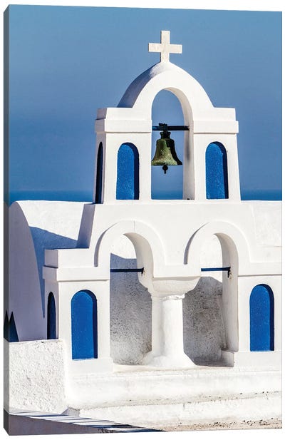 Oia, Greece. Greek Orthodox Church steeple by the Aegean Sea Canvas Art Print - Blue Domed Church Santorini