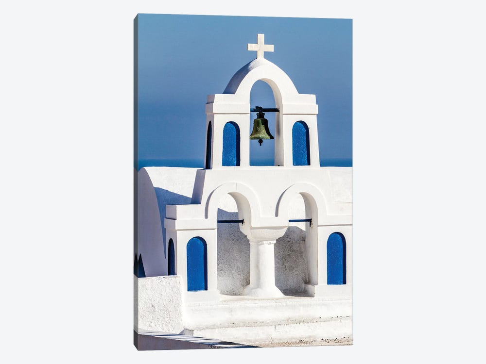 Oia, Greece. Greek Orthodox Church steeple by the Aegean Sea by Jolly Sienda 1-piece Canvas Art Print