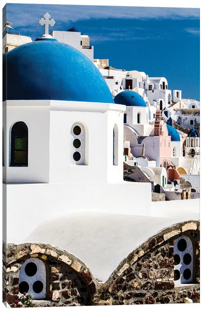 Oia, Greece. Row of Greek Orthodox Churches with blue domes. Canvas Art Print - Dome Art