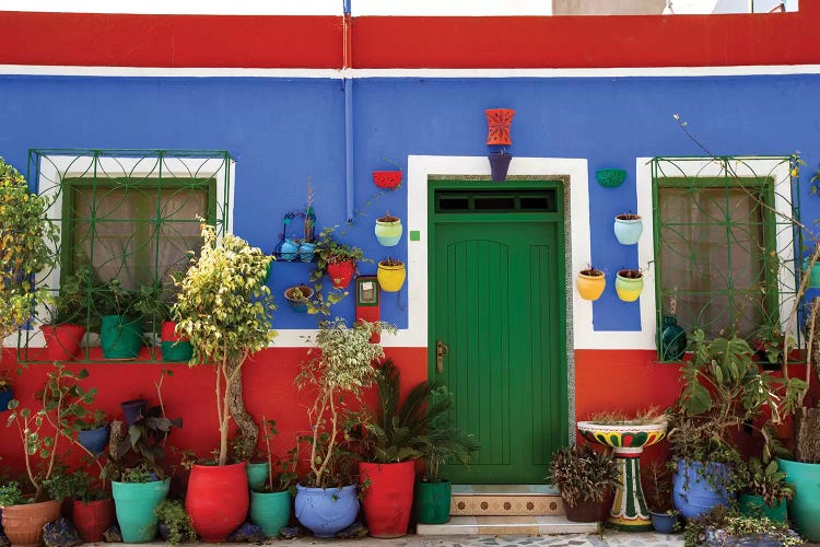 Asilah, Morocco. Multi-colored house with potted plants