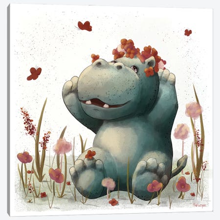 Hippo Bathing In Flowers Canvas Print #SNJ13} by Holumpa Canvas Art Print