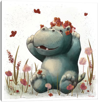 Hippo Bathing In Flowers Canvas Art Print - Hippopotamus Art