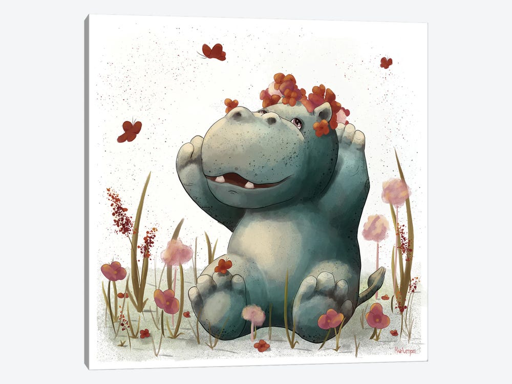 Hippo Bathing In Flowers by Holumpa 1-piece Canvas Art Print