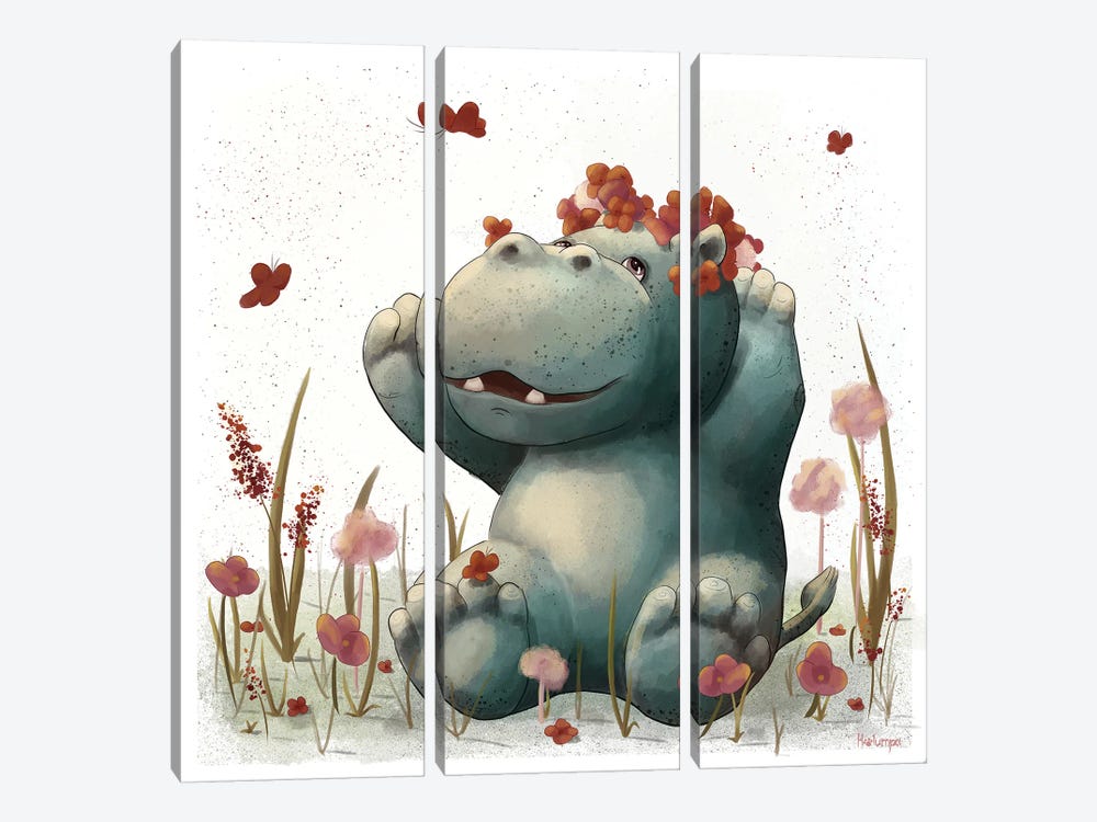 Hippo Bathing In Flowers by Holumpa 3-piece Canvas Art Print