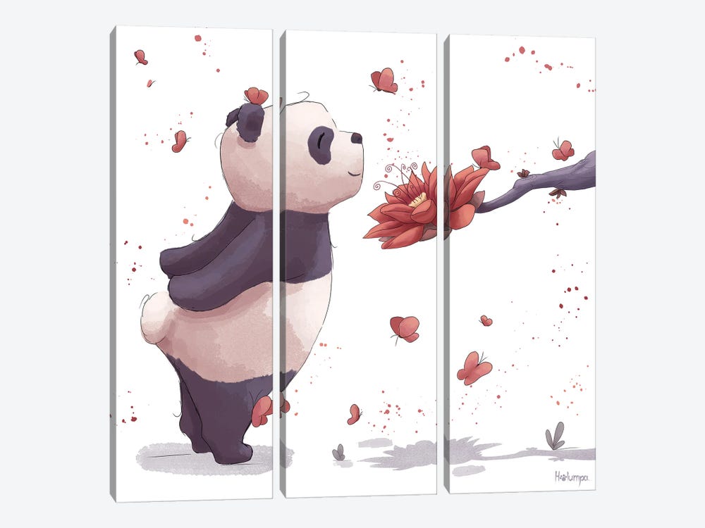 Panda Loves Flowers by Holumpa 3-piece Canvas Print
