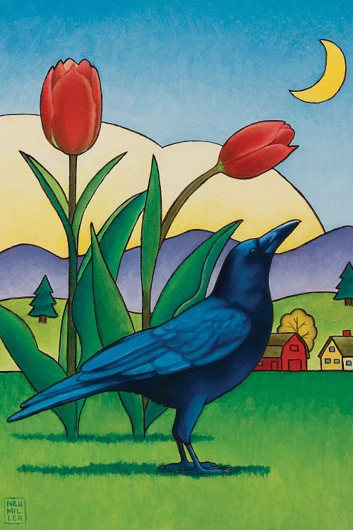 Crow With Red Tulips