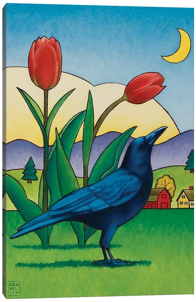 Crow With Red Tulips Canvas Art Print - Crow Art
