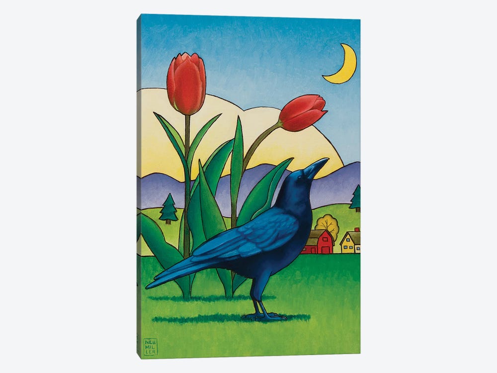 Crow With Red Tulips by Stacey Neumiller 1-piece Canvas Art Print