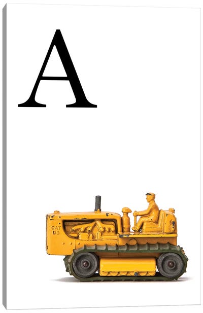 A Bulldozer Yellow White Letter Canvas Art Print - Letter A