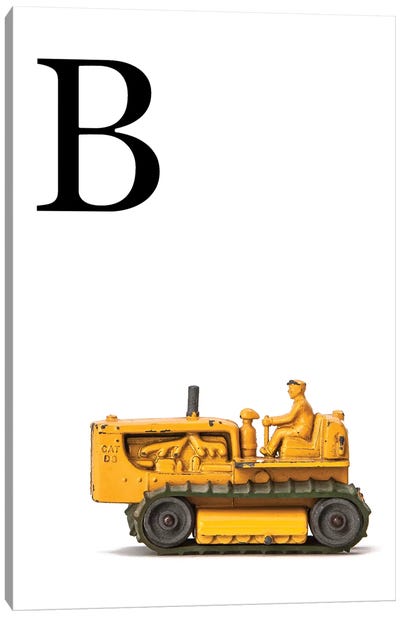 B Bulldozer Yellow White Letter Canvas Art Print - Black, White & Yellow Art