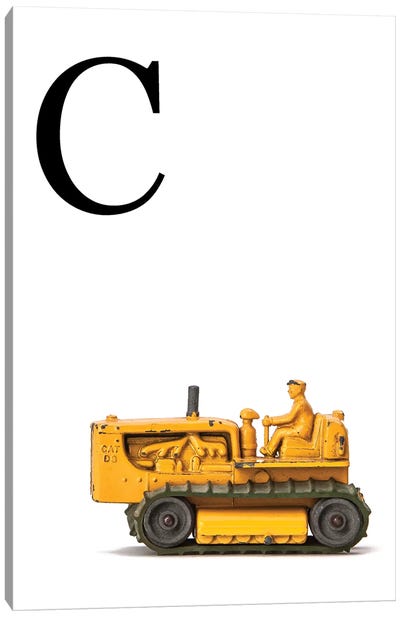 C Bulldozer Yellow White Letter Canvas Art Print - Black, White & Yellow Art