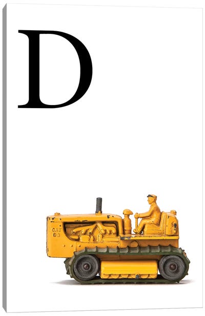 D Bulldozer Yellow White Letter Canvas Art Print - Black, White & Yellow Art