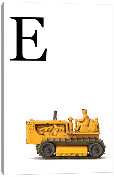E Bulldozer Yellow White Letter Canvas Art Print - Black, White & Yellow Art