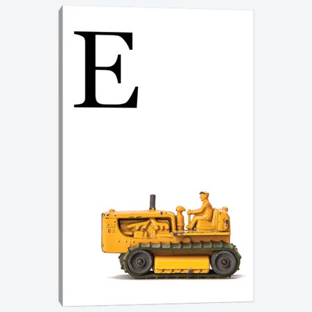 E Bulldozer Yellow White Letter Canvas Print #SNT143} by Saint and Sailor Studios Canvas Artwork
