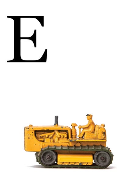The Letter E: E Bulldozer Yellow White Letter by Saint and Sailor Studios