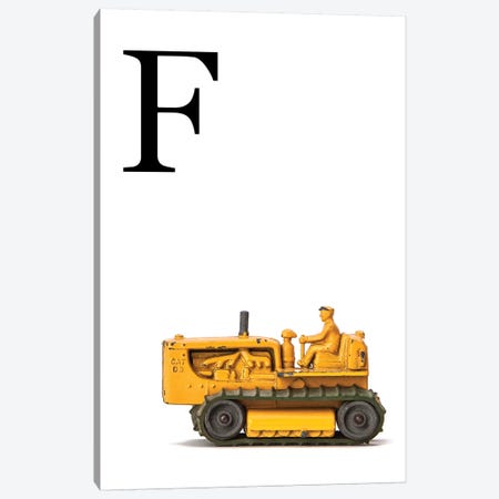F Bulldozer Yellow White Letter Canvas Print #SNT144} by Saint and Sailor Studios Canvas Print