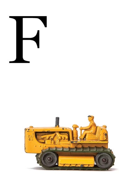 The Letter F: F Bulldozer Yellow White Letter by Saint and Sailor Studios