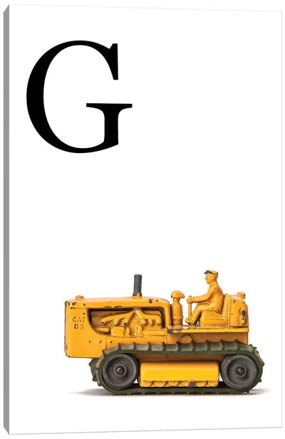G Bulldozer Yellow White Letter Canvas Art Print - Black, White & Yellow Art