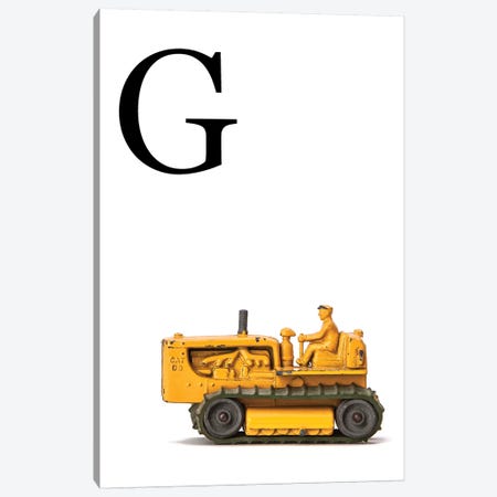 G Bulldozer Yellow White Letter Canvas Print #SNT145} by Saint and Sailor Studios Canvas Print