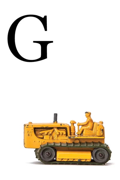The Letter G: G Bulldozer Yellow White Letter by Saint and Sailor Studios