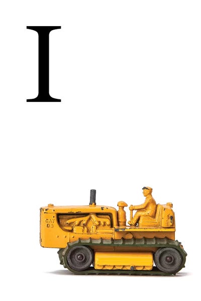 The Letter I: I Bulldozer Yellow White Letter by Saint and Sailor Studios