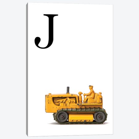 J Bulldozer Yellow White Letter Canvas Print #SNT148} by Saint and Sailor Studios Canvas Wall Art