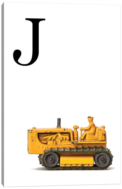 J Bulldozer Yellow White Letter Canvas Art Print - Letter J