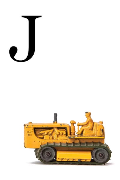 The Letter J: J Bulldozer Yellow White Letter by Saint and Sailor Studios