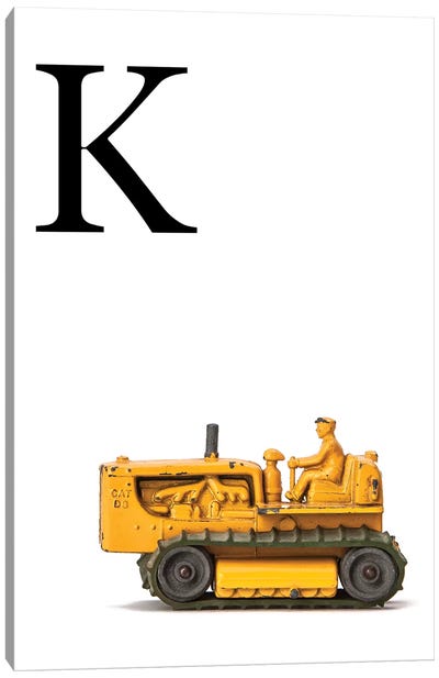 K Bulldozer Yellow White Letter Canvas Art Print - Black, White & Yellow Art