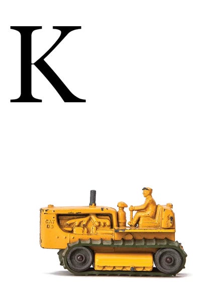 The Letter K: K Bulldozer Yellow White Letter by Saint and Sailor Studios