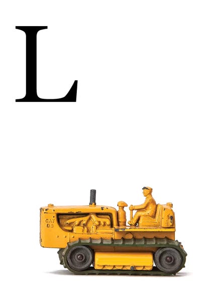 The Letter L: L Bulldozer Yellow White Letter by Saint and Sailor Studios