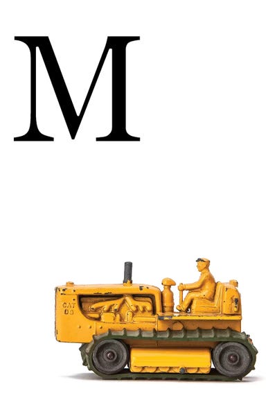 The Letter M: M Bulldozer Yellow White Letter by Saint and Sailor Studios