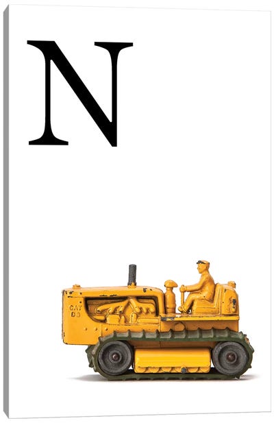 N Bulldozer Yellow White Letter Canvas Art Print - Letter N