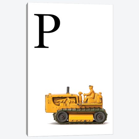 P Bulldozer Yellow White Letter Canvas Print #SNT154} by Saint and Sailor Studios Canvas Wall Art
