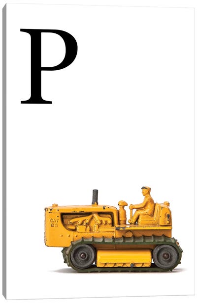 P Bulldozer Yellow White Letter Canvas Art Print - Letter P